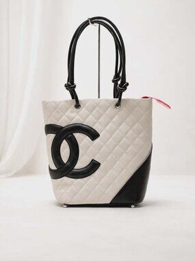 Authentic Chanel Cambon Ligne Tote Bag Black White Quilted Leather Large CC Logo
